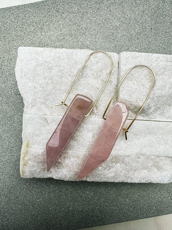 Polished Rose Quartz Drop Earrings. Gemstone Earrings. Raw Crystal Earrings. Dangle Earrings. Hand Formed. Unique Earrings. Gold.