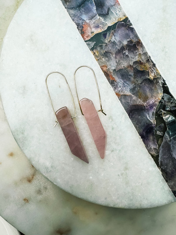 Polished Rose Quartz Drop Earrings. Gemstone Earrings. Raw Crystal Earrings. Dangle Earrings. Hand Formed. Unique Earrings. Gold.