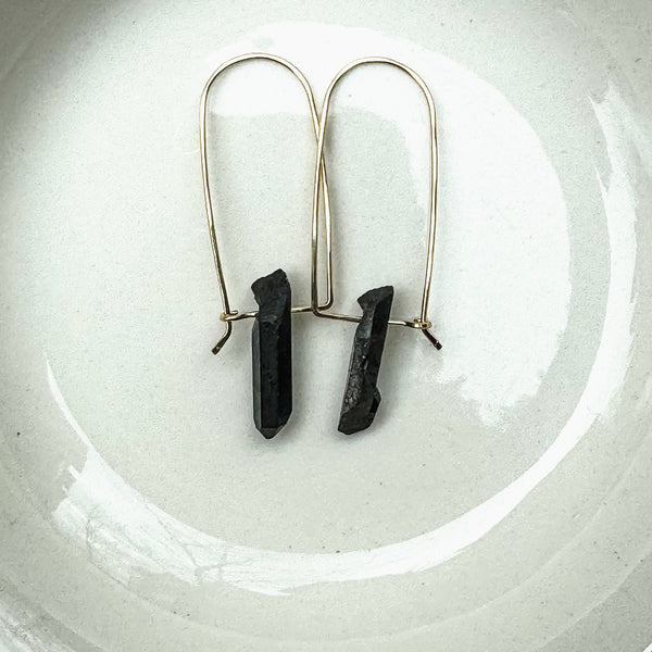 Black Quartz Drop Earrings. Gemstone Earrings. Raw Crystal Earrings. Dangle Earrings. Hand Formed. Unique Earrings. Sterling. Gold.