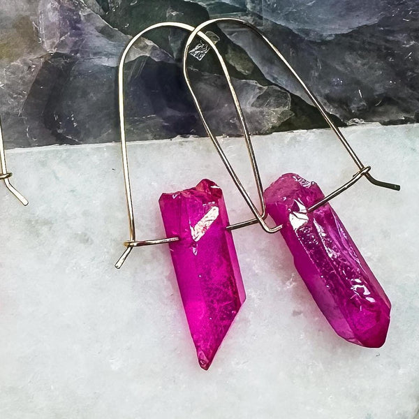 Hot Pink Quartz Drop Earrings. Gemstone Earrings. Crystal Earrings. Dangle Earrings. Hand Formed. Unique Earrings. Sterling. Gold. Rose Gold